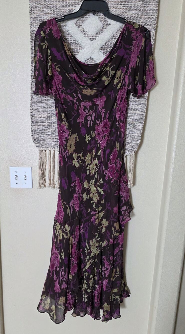Vintage Y2K Fairycore Floral Dress Size L Purple Plum Beaded Sequin Cowl Neck